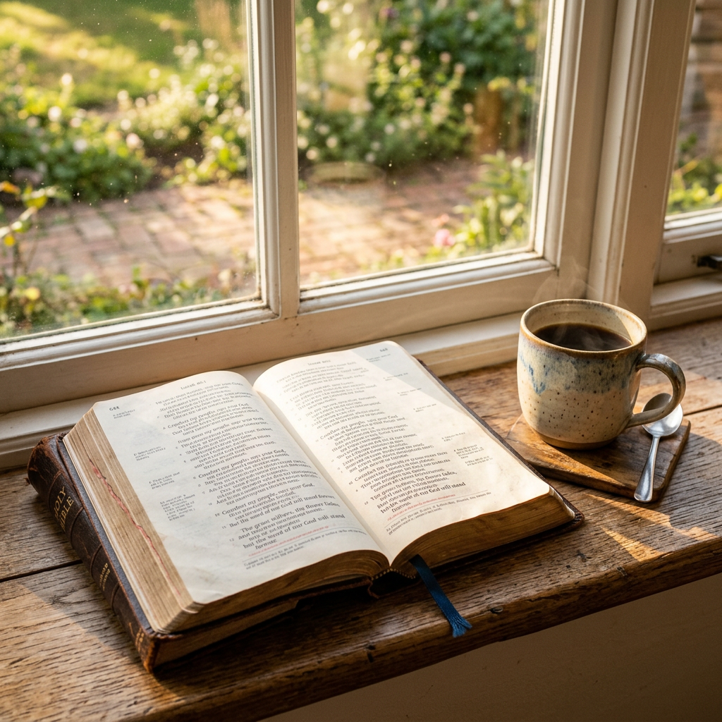 Open Bible and ceramic coffee cup on windowsill with sunlight