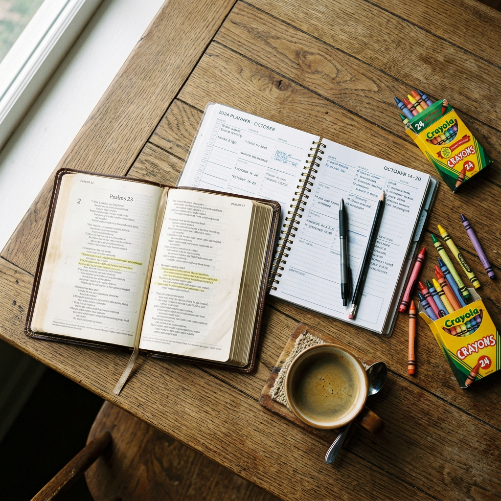 Open Bible displaying Psalms 23 with highlighted text, weekly planner with pen, two boxes of Crayola crayons with scattered crayons, and a coffee cup on a wooden table
