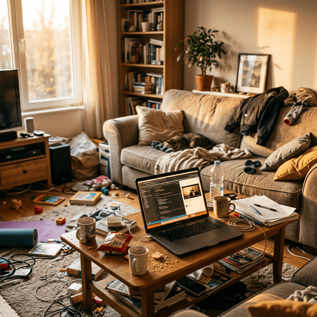 Living room with laptop, coffee mugs, snacks, scattered toys, and a cat on the couch.