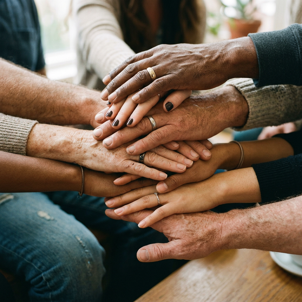 Several diverse hands stacked on top of each other showing unity and cooperation