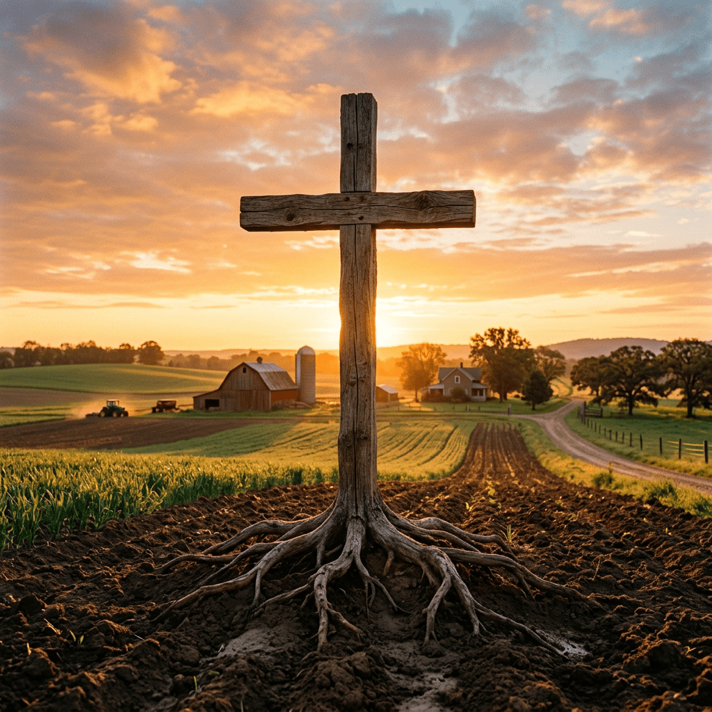 Wooden cross with roots planted in soil in a farm field at sunrise