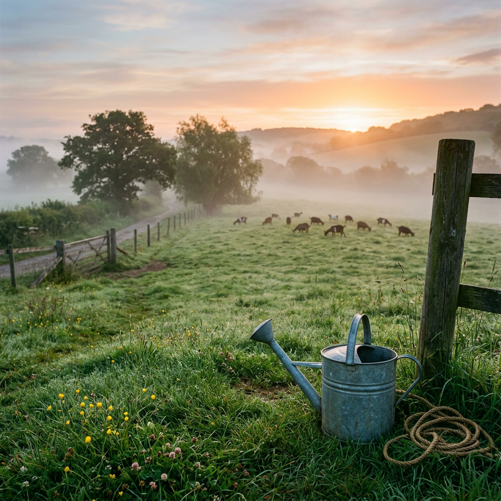 Sunrise over misty pasture with sheep grazing and watering can by wooden fence